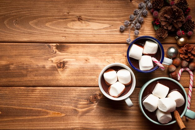 Top view hot chocolate with marshmallows