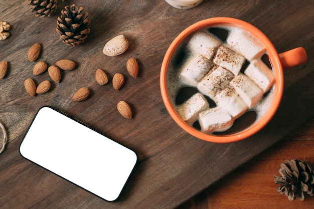 top view hot chocolate with mock-up phone