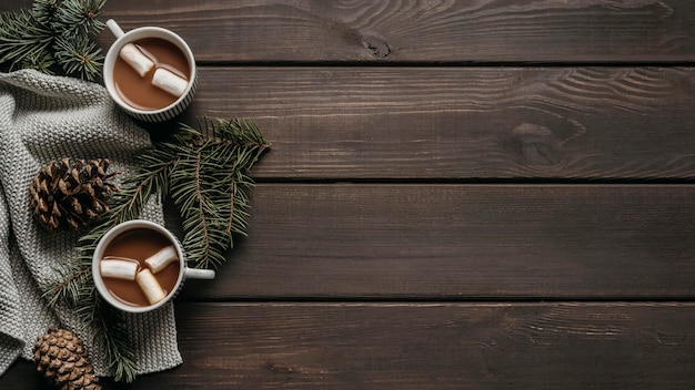 Free photo top view hot chocolate with pine branches, cones and copy-space