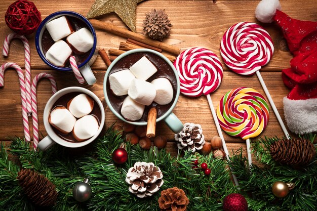 Top view hot chocolate with sweets