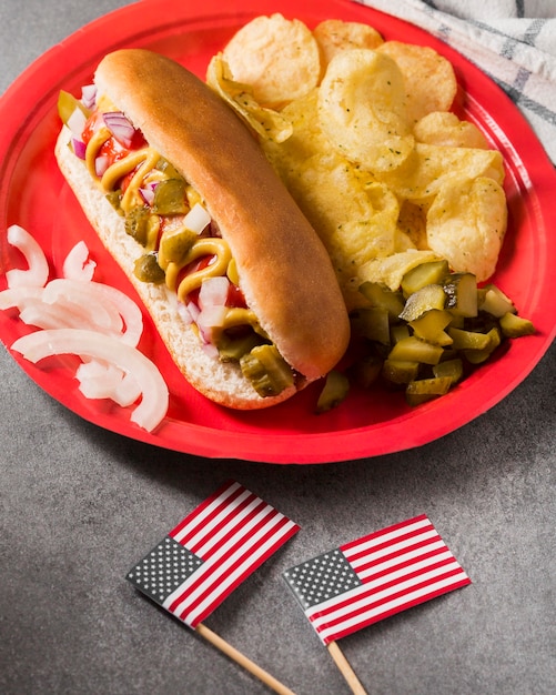 Top view hot-dog and chips on plate