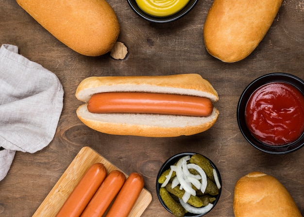 Top view hot dog ingredients