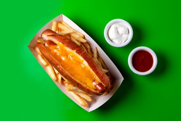 Top view of hot dog with cheddar cheese served on french fried with mayonnaise and ketchup