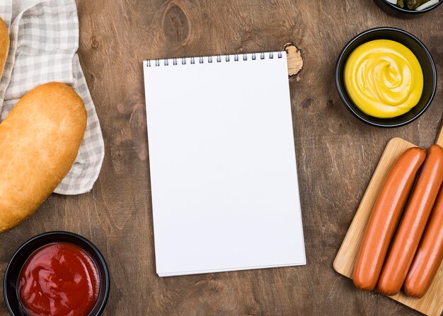 Free photo top view hot dogs ingredients and notebook