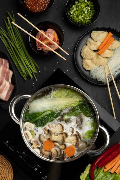 Top view over hotpot dishes