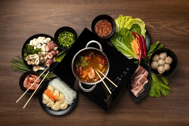 Top view over hotpot dishes