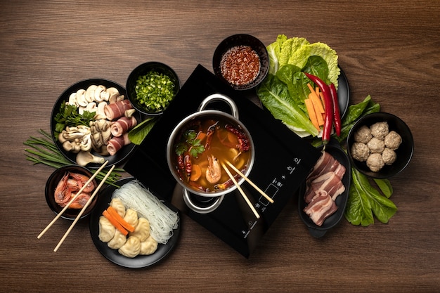 Top view over hotpot dishes