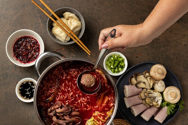 Top view over hotpot dishes