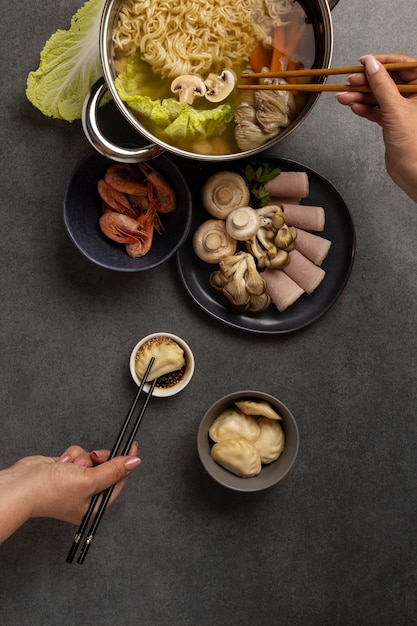 Top view over hotpot dishes