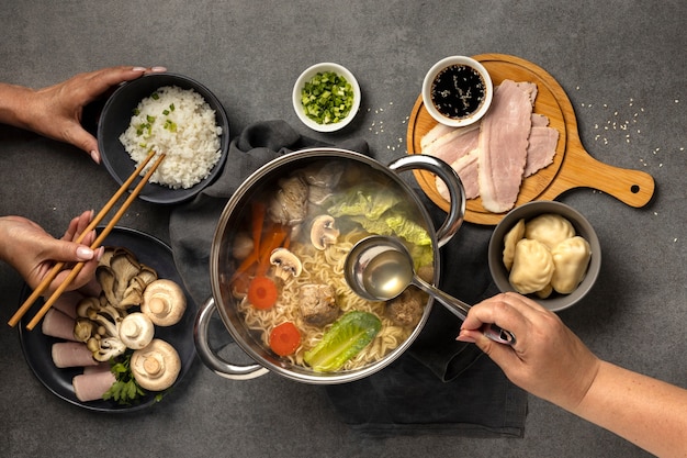 Top view over hotpot dishes