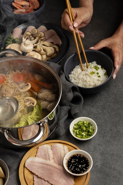 Top view over hotpot dishes