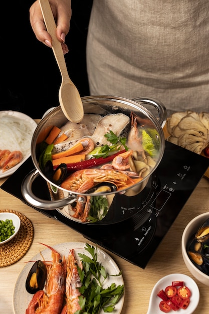 Top view over hotpot dishes