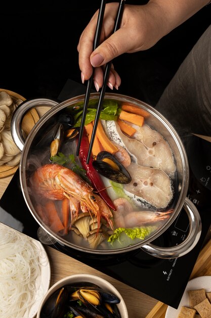 Top view over hotpot dishes