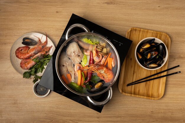 Top view over hotpot dishes