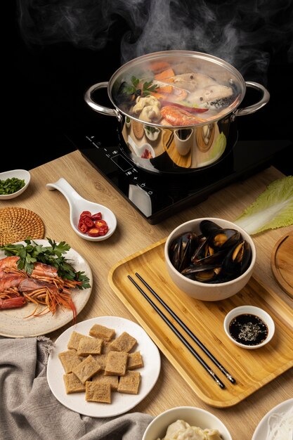 Top view over hotpot dishes