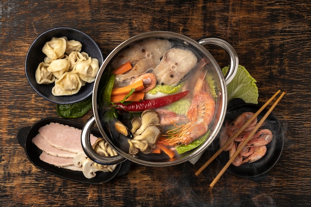 Top view over hotpot dishes