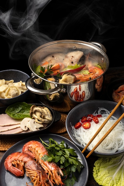 Top view over hotpot dishes