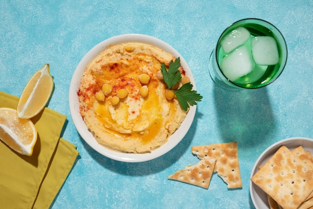 Top view hummus with chickpeas