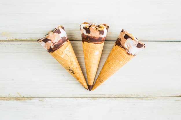 Top view ice cream cone trio