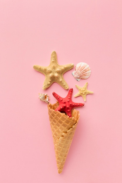 Top view ice cream cone with starfish