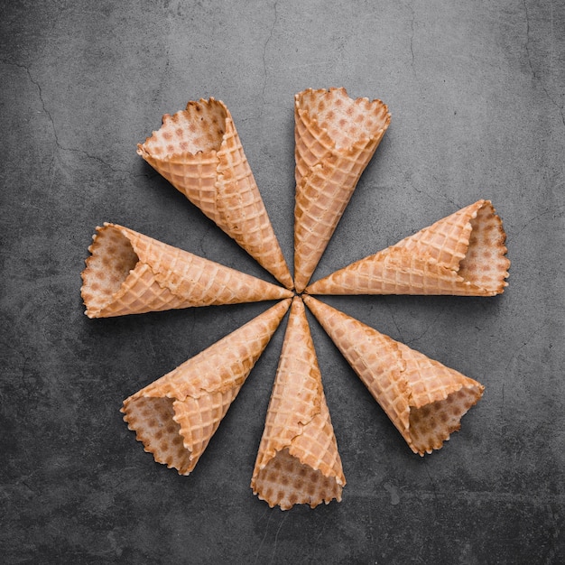 Top view ice cream cones on table