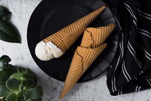 Top view ice cream cones with homemade gelato