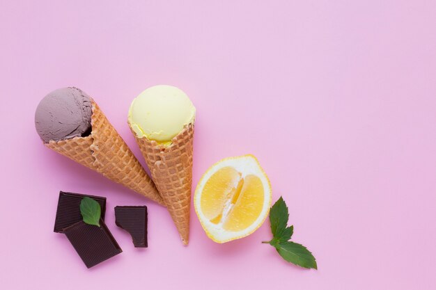 Top view of ice cream cones