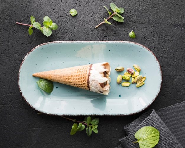 Top view ice cream on a plate