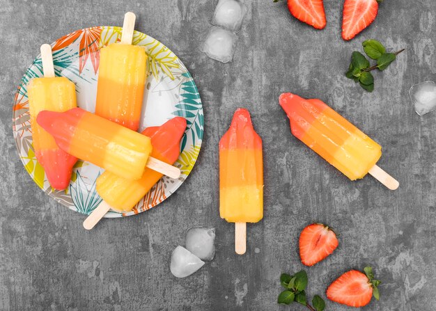 Top view ice cream with fruits