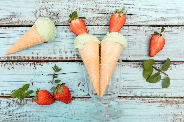 Top view ice creams with fruits