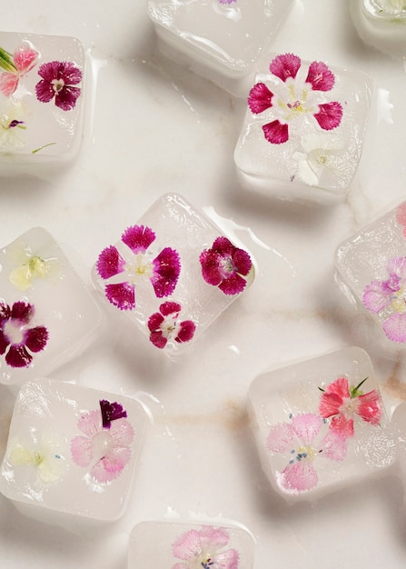 Top view  ice cubes with flowers