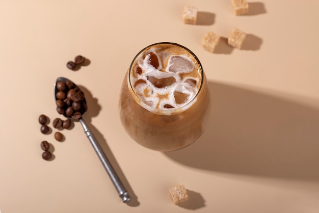 Top view  iced coffee and sugar cubes. (pet friendly empathy downtown mississauga)