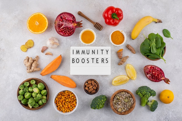 健康的なライフスタイルのための免疫力を高める食品の上面図