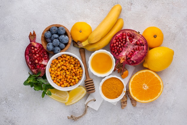 Vista dall'alto del cibo che aumenta l'immunità per uno stile di vita sano