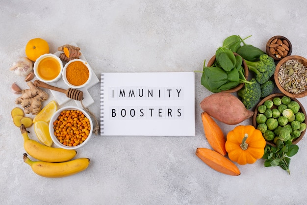 Top view of immunity boosting food for healthy lifestyle