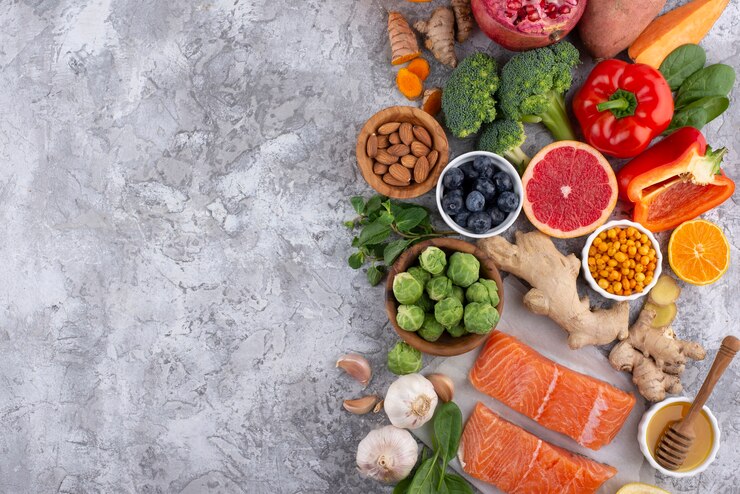 Free Photo top view of immunity boosting foods with vegetables and fish