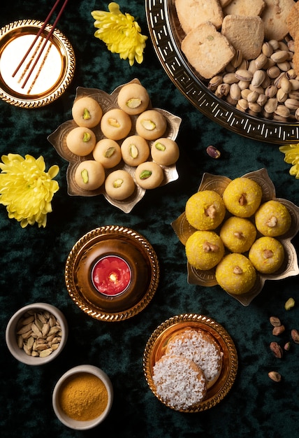 Top view indian dessert arrangement