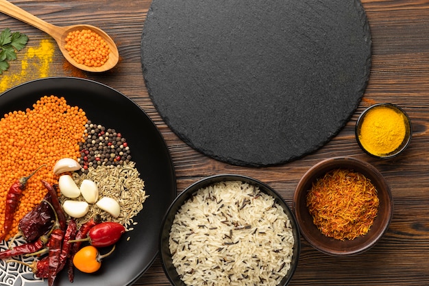 Top view indian meal ingredients