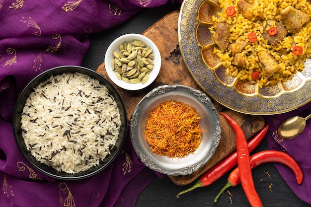 Top view indian sari and food