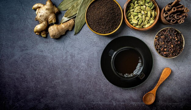 Top view of Indian seasonings and spices on a table