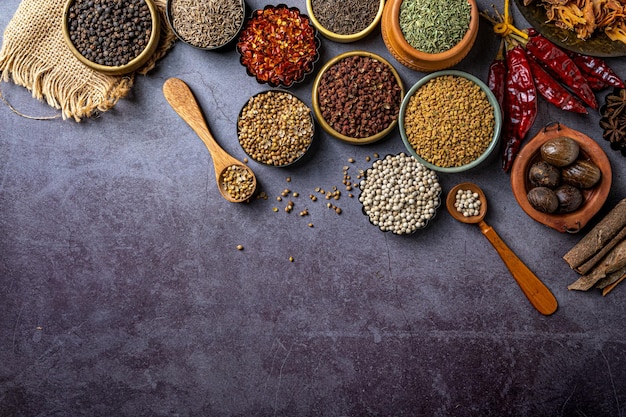 Free photo top view of indian seasonings and spices on a table