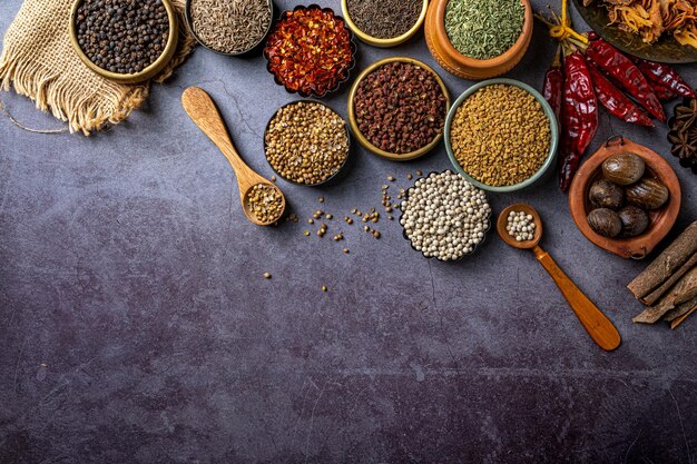 Top view of Indian seasonings and spices on a table