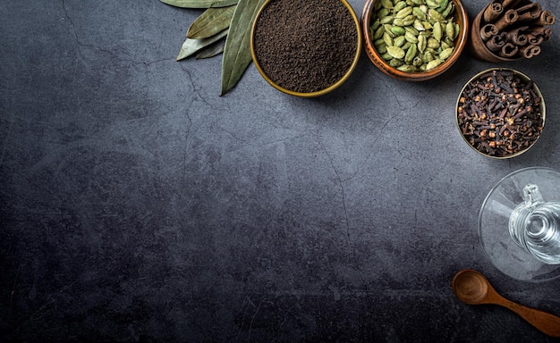 Top view of Indian seasonings and spices on a table