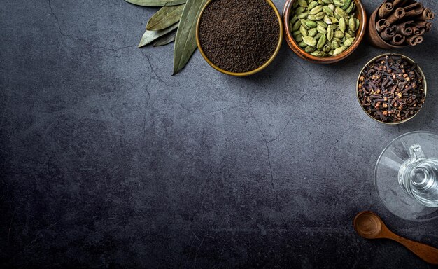 Top view of Indian seasonings and spices on a table