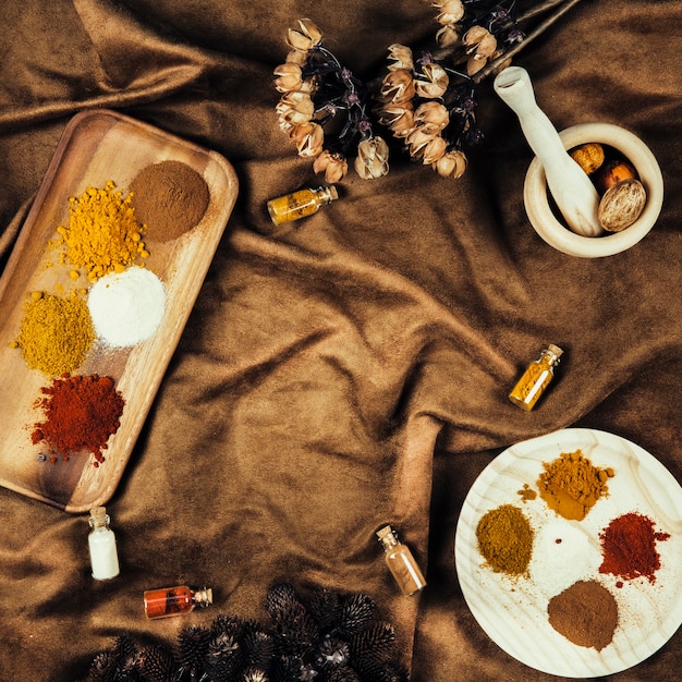 Top view of indian spices on cloth