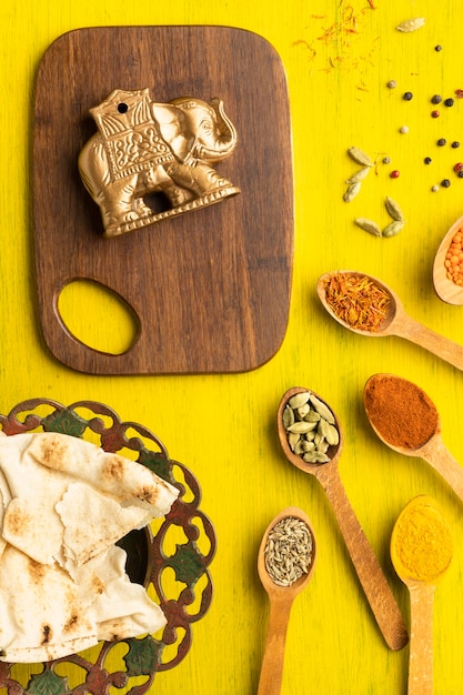 Top view indian spices and small elephant