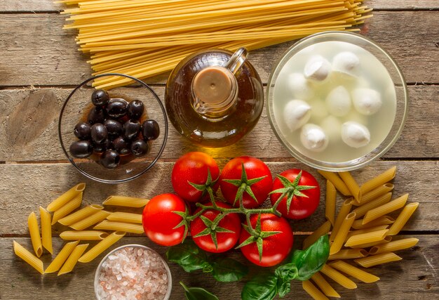 Top view of ingredients for cooking pasta