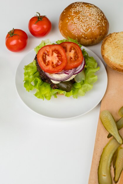 Top view ingredients for tasty hamburger