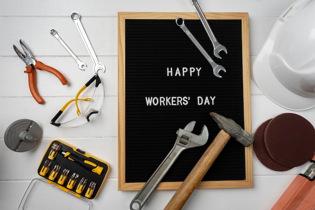 Top view international worker's day with engineer tools