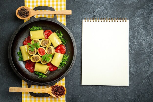 Top view italian pasta with meat on grey space